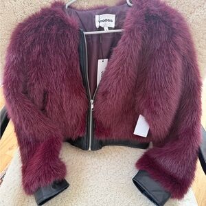 Vigoss Women's Teddy Jacket - Deep Burgundy Faux Fur, Faux leather trim